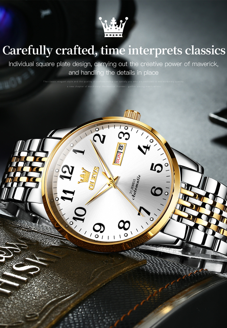 OLEVS 6666 Gold Watch for Women Self Winding Easy Reader Date Small Face Two Tone Stainless Steel Luxury Dress Waterproof, Gifts for Women
