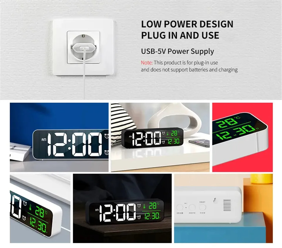 Smart LED Digital Alarm Clock Watch USB Table Clock Temperature Date ...
