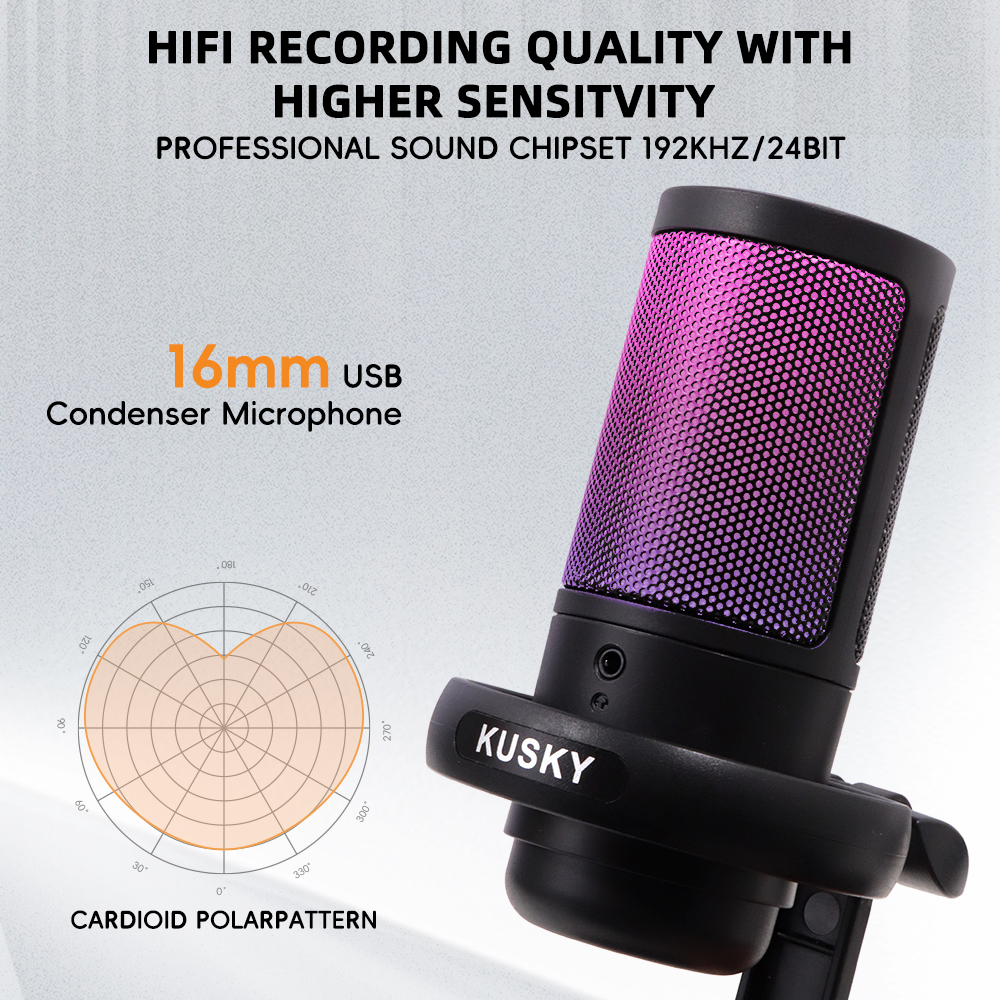 Bietrun USB-C Microphone for Computer with Headphone Jack, 24bit/192KHz  Metal Cardioid Condenser PC Mic, Tripod Stand, One-Key Mute, for Desktop