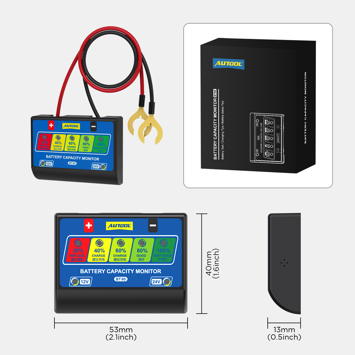 AUTOOL BT60 Battery Capacity Monitor Meter 12V/24V Battery Tester ...