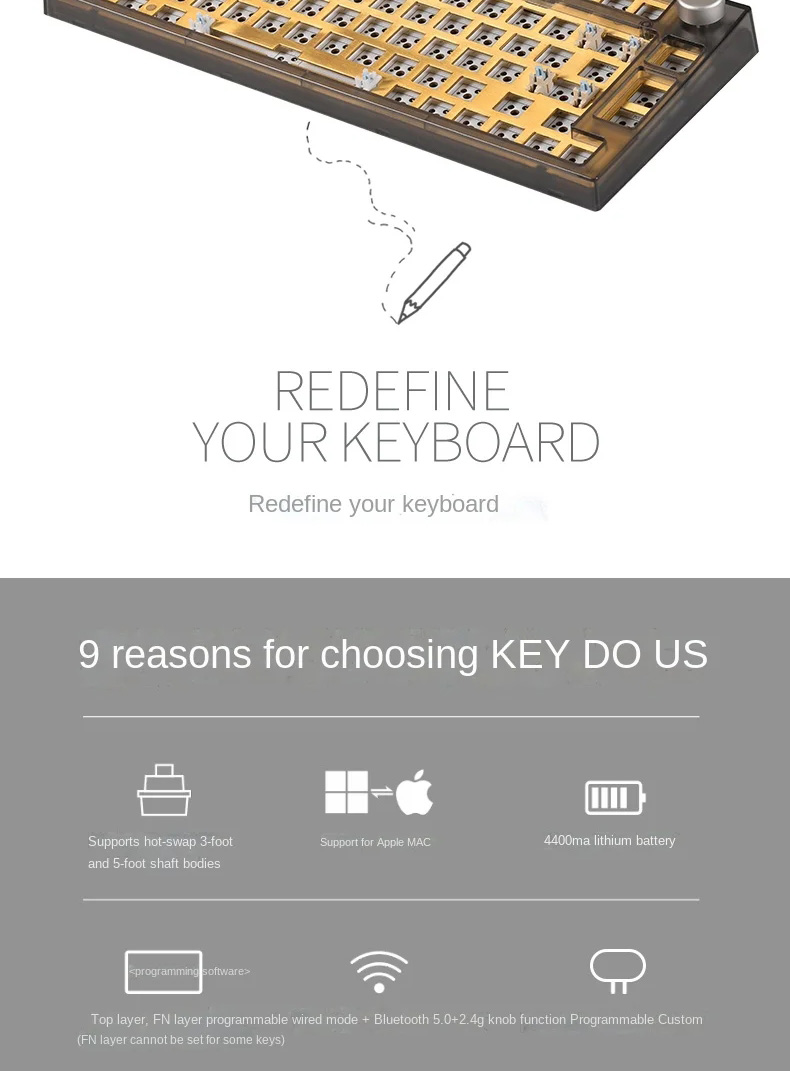 3 Modes Bluetooth 5.0 Keydous NJ80 AP Mechanical keyboard Hot swap RGB ...