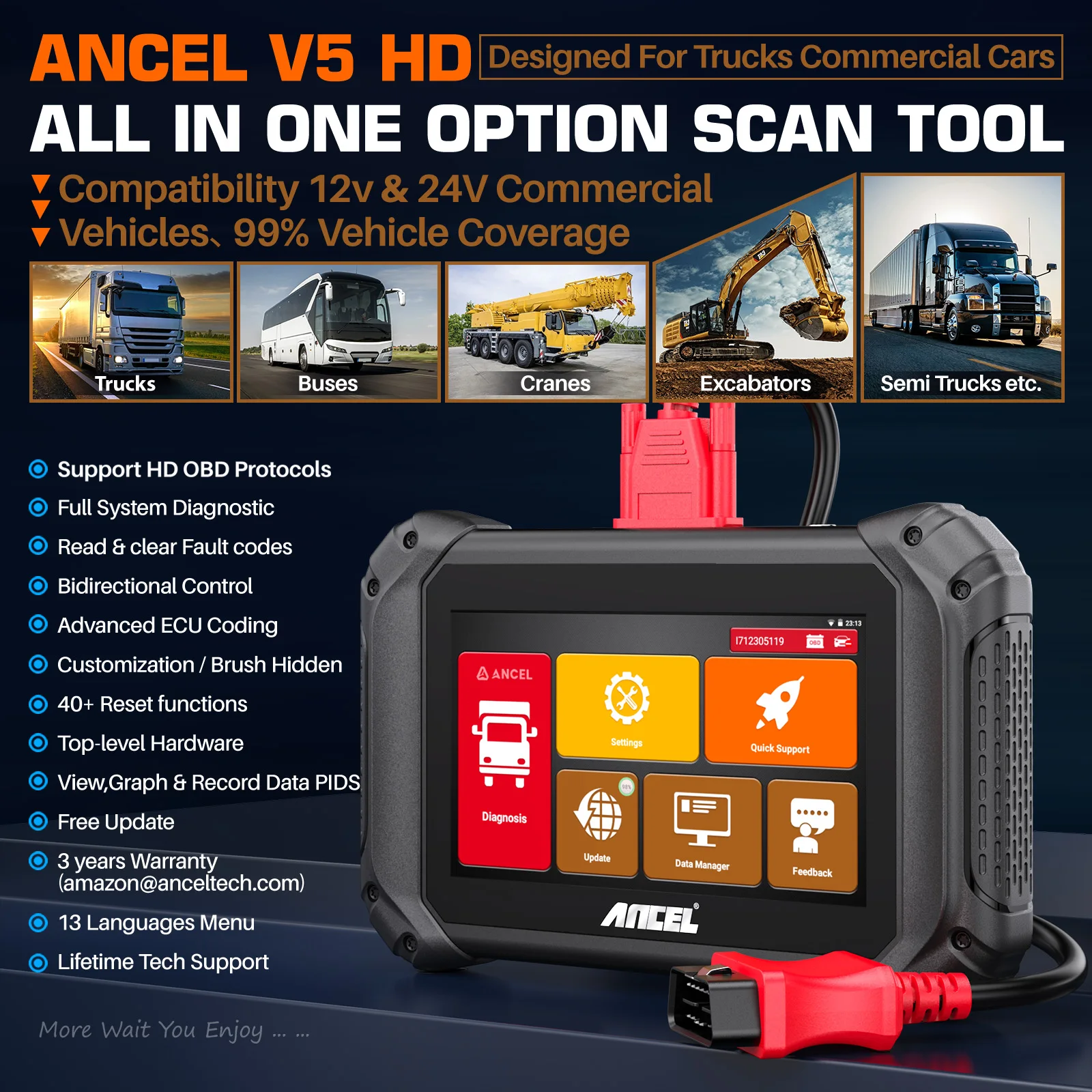 ANCEL V5 HD 12V 24V Truck Advanced Scanner Full System OBD2 Diagnostic