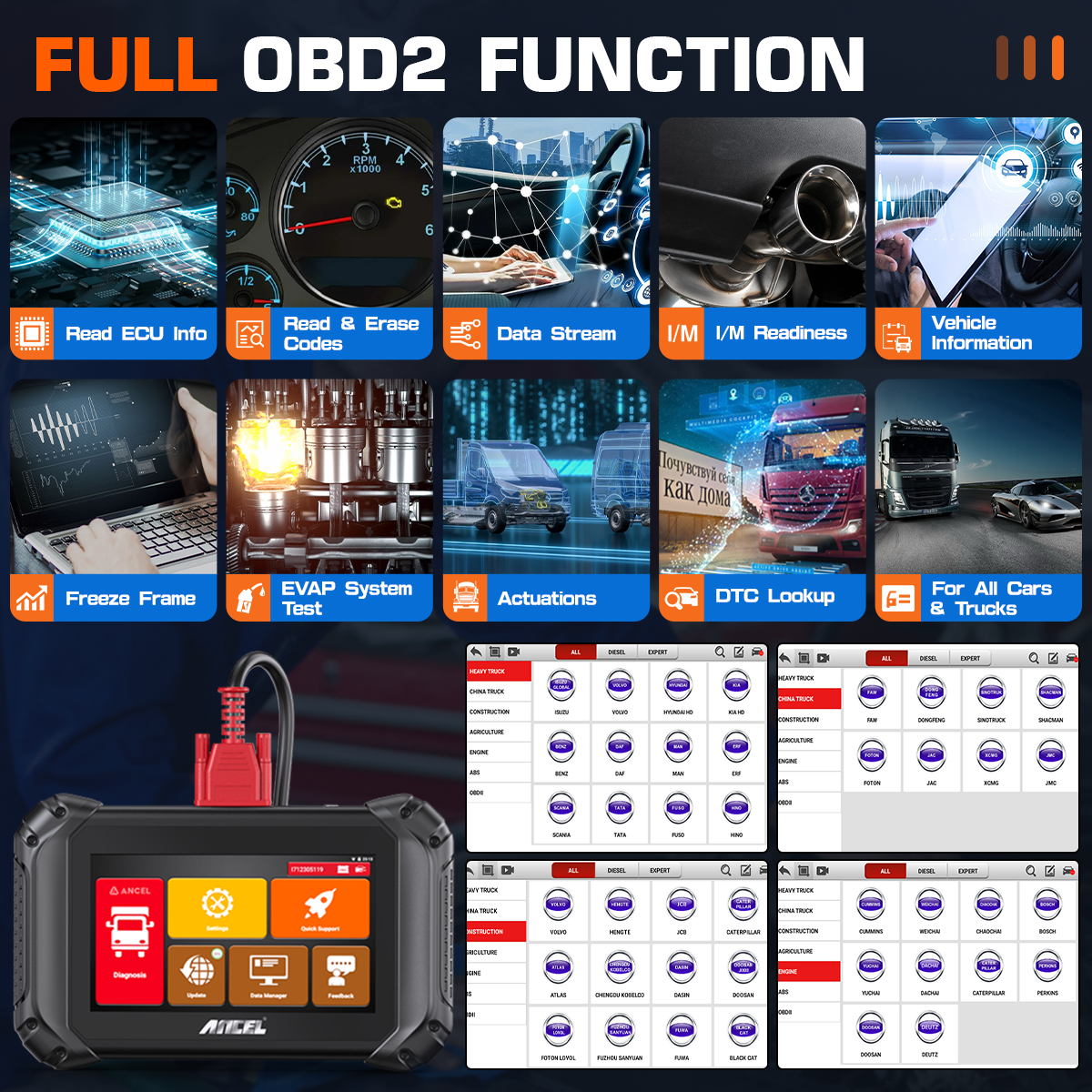 ANCEL V5 HD 12V 24V Truck Advanced Scanner Full System OBD2 Diagnostic