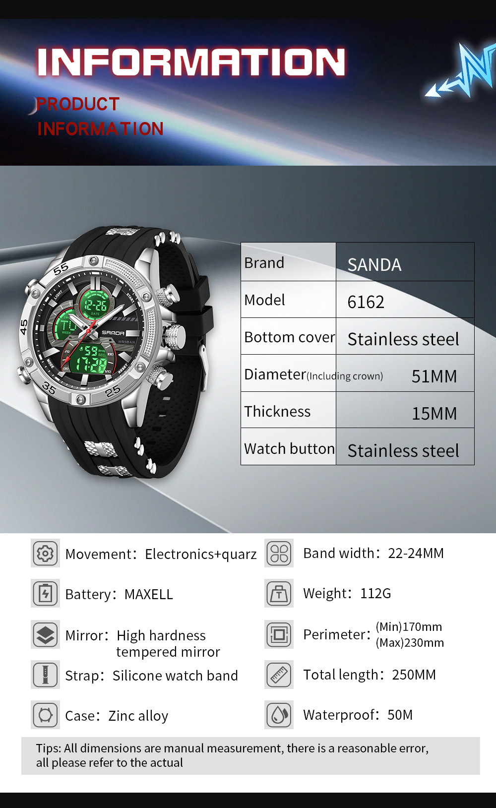 SANDA 6162 Dual Screen Men's Digital Watch Nightlight Waterproof ...
