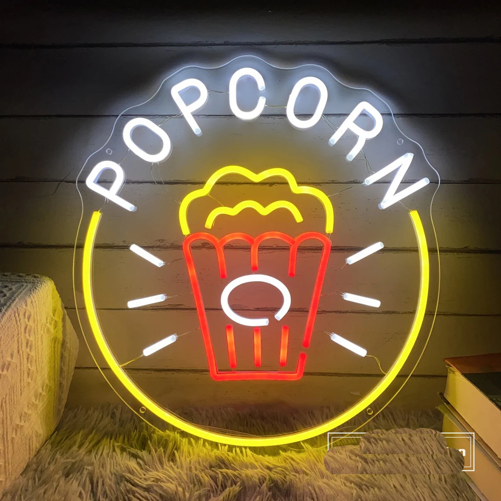 Popcorn Neon Sign, Custom Food Bar LED Neon Light Movie Theater Film ...