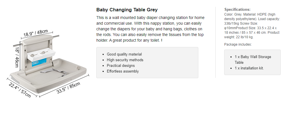 Mounting Height Baby Changing Station Size Diaper Changing Station