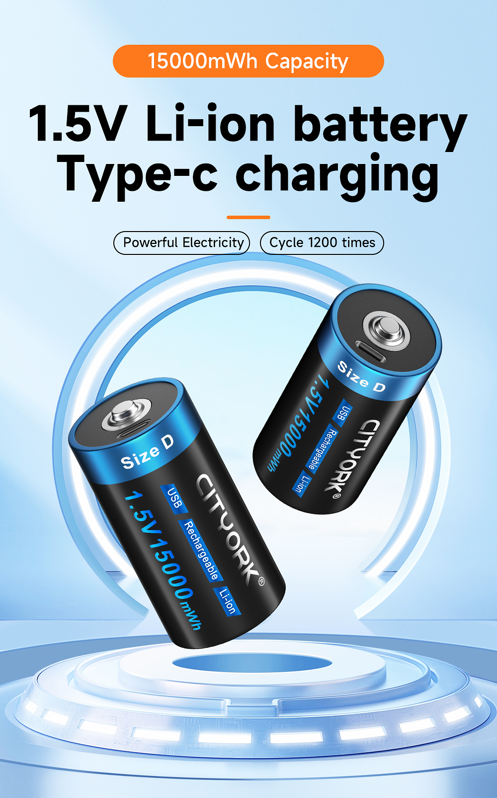 CITYORK 1.5V D Size Rechargeable Battery 15000mWh Type-C Charging For ...