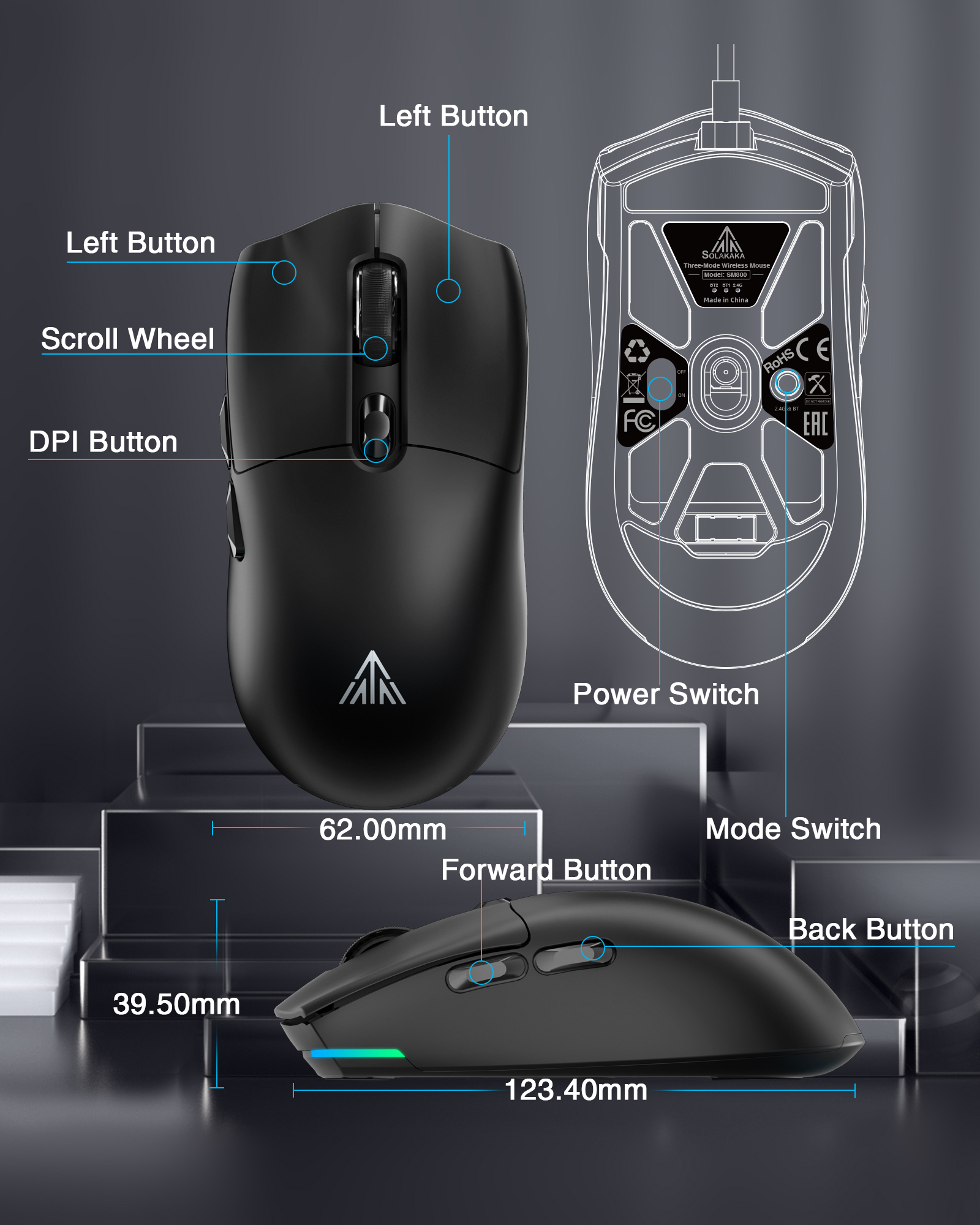 SOLAKAKA SM800 Wireless Gaming Mouse Lightweight Mouse Type-C/2.4G ...