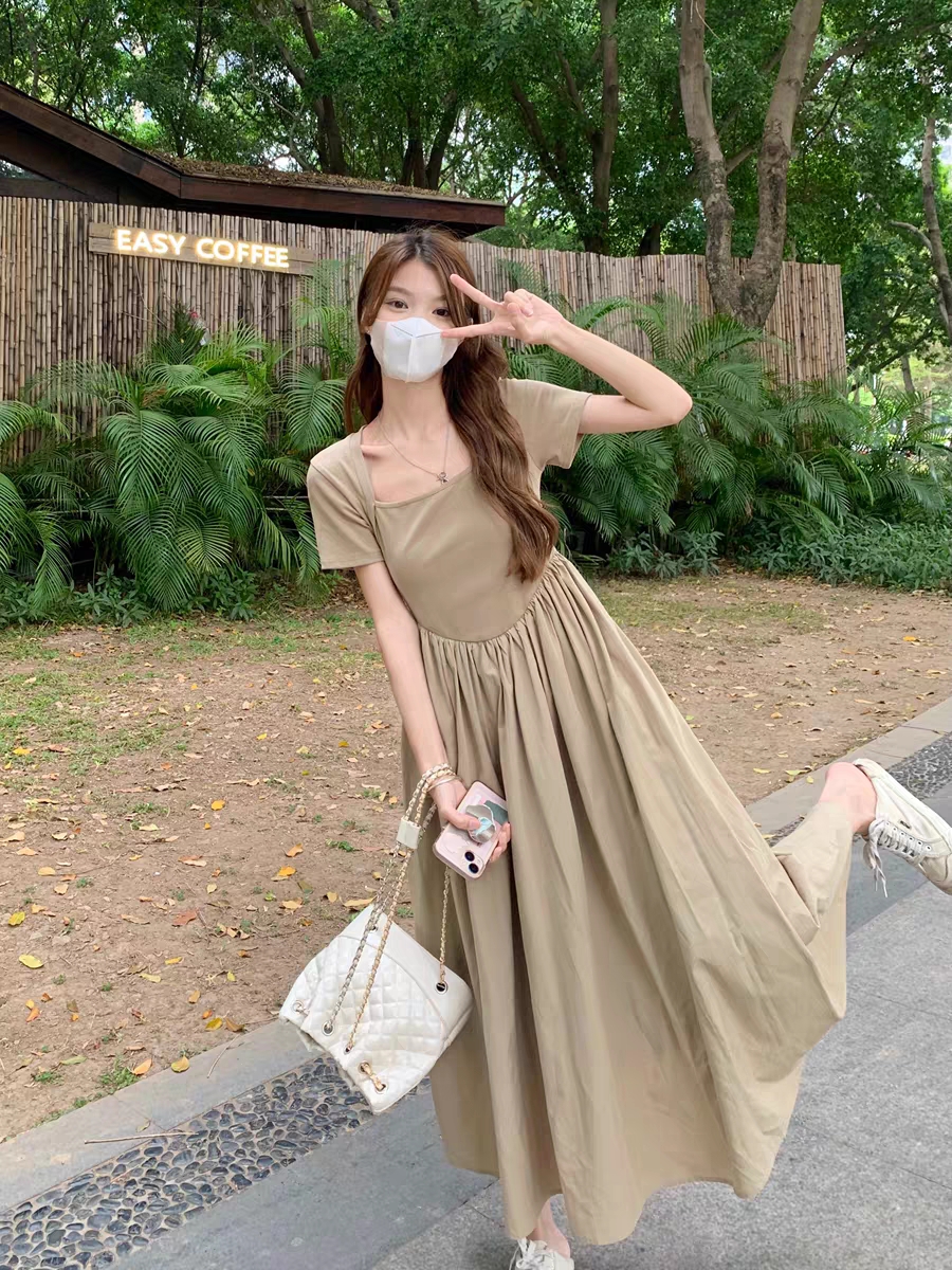 Dress Korean Fashion Square Neck Dress Black Long Skirt Dress A-Line ...