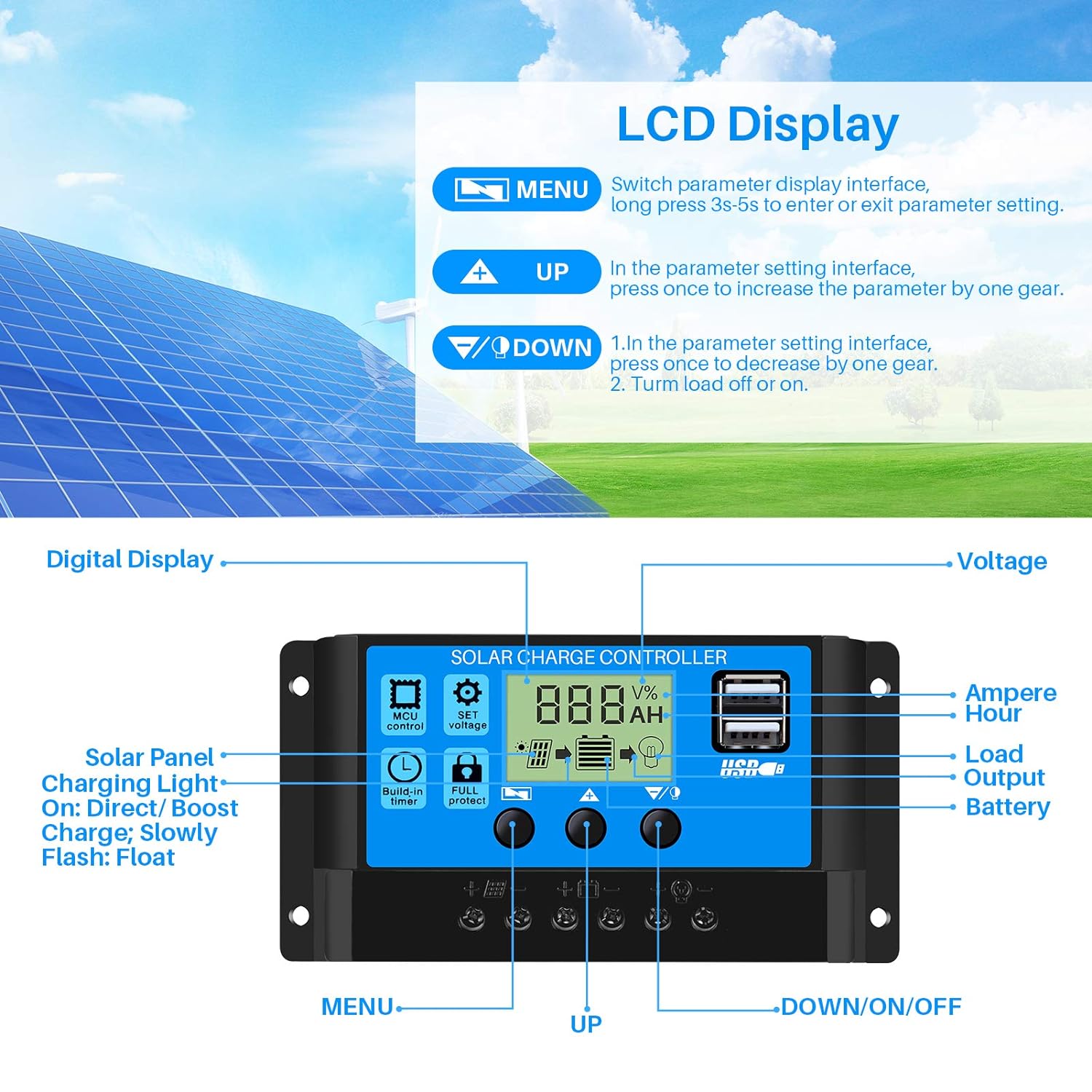 Y&H Solar Charge Controller 10A/20A/30A PWM 12V/24V Battery Regulator ...
