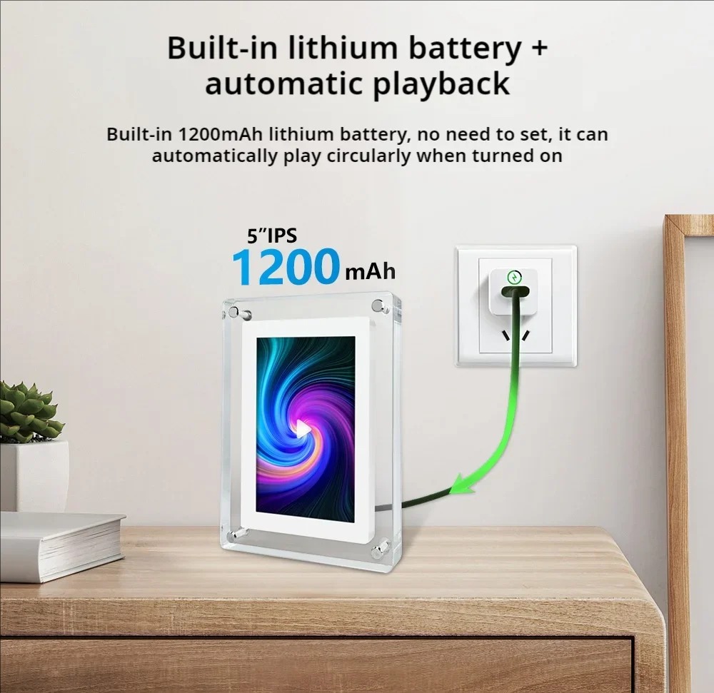 Acrylic digital photo frame, 5 inches, 1200mAh vertical screen, IPS screen, 4G memory battery