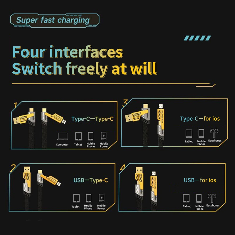 4 In 1 Mecha Fast Charging Cable USB Type C 65W Charger Data Cord Multi ...