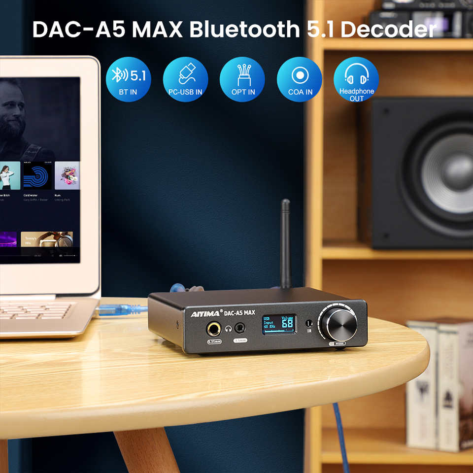 AIYIMA Audio DAC-A5 MAX Headphone Amplifier Bluetooth 5.1 ES9038K2M ...