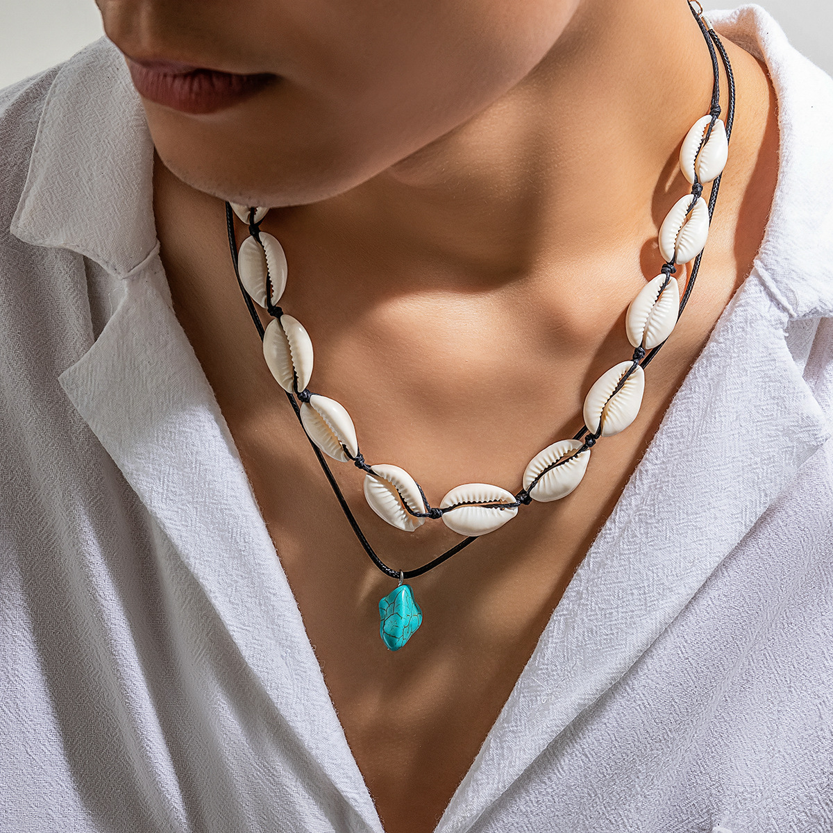 2pcs Bohemian Turquoise Shell Necklace Adjustable Beach Style for Men ...