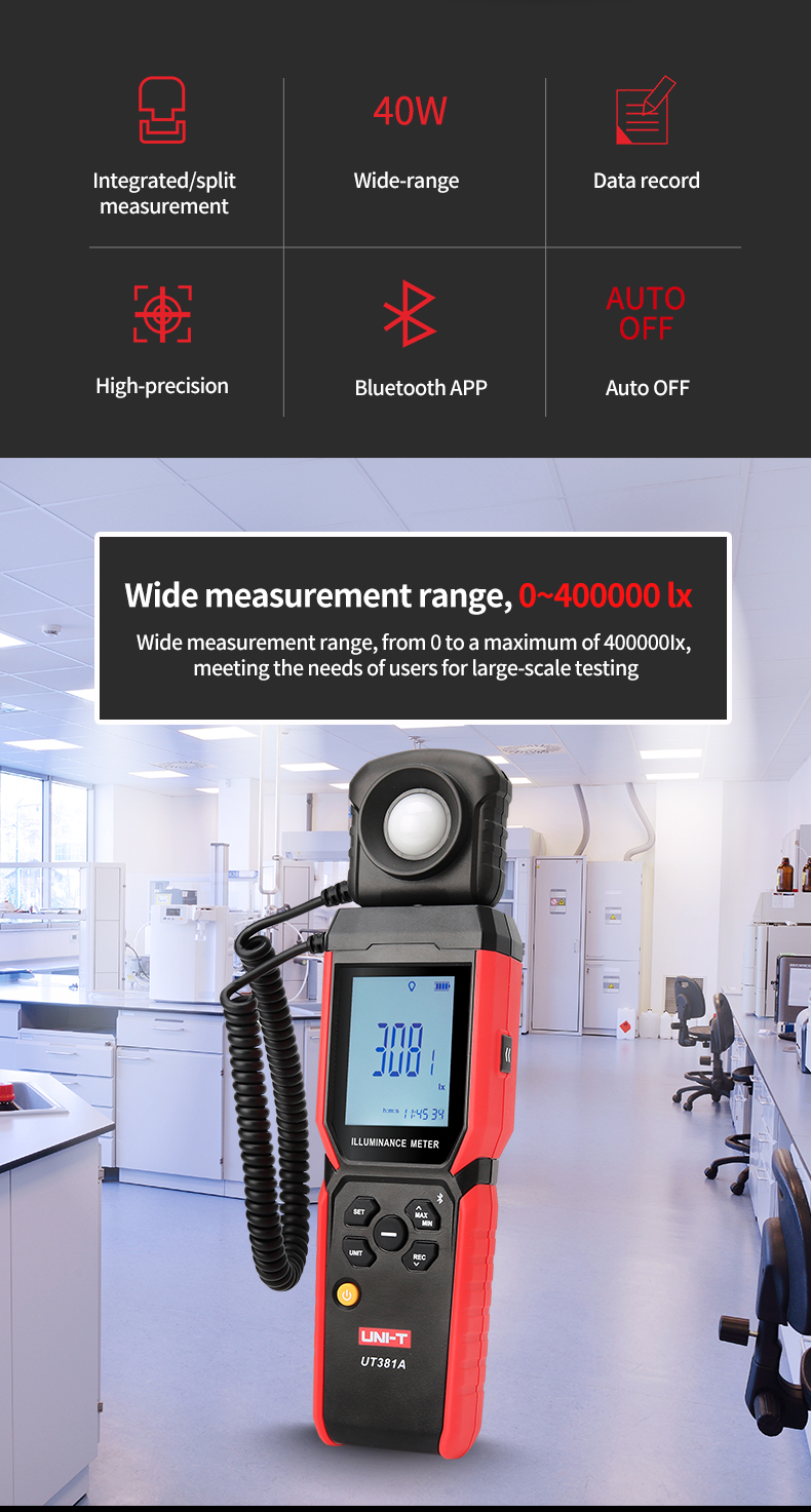 UNI-T UT381A Illuminance Meter Light Meter Backlight Data hold ...