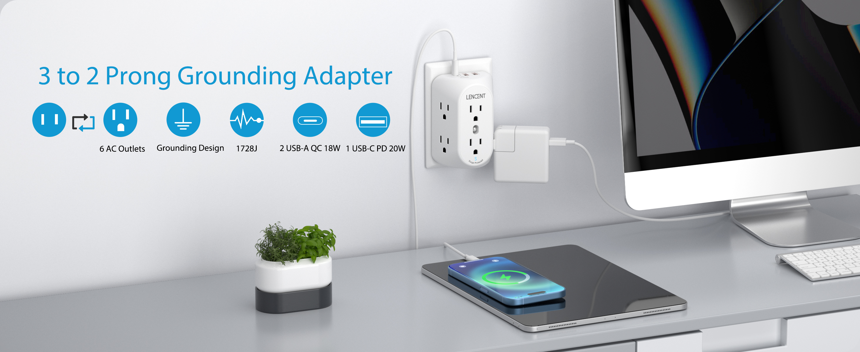 LENCENT EU Plug Wall Socket Extender with 3 AC Outlets 2USB Ports 5V 2.4A Power Adapter Overload Protection for Home/Office