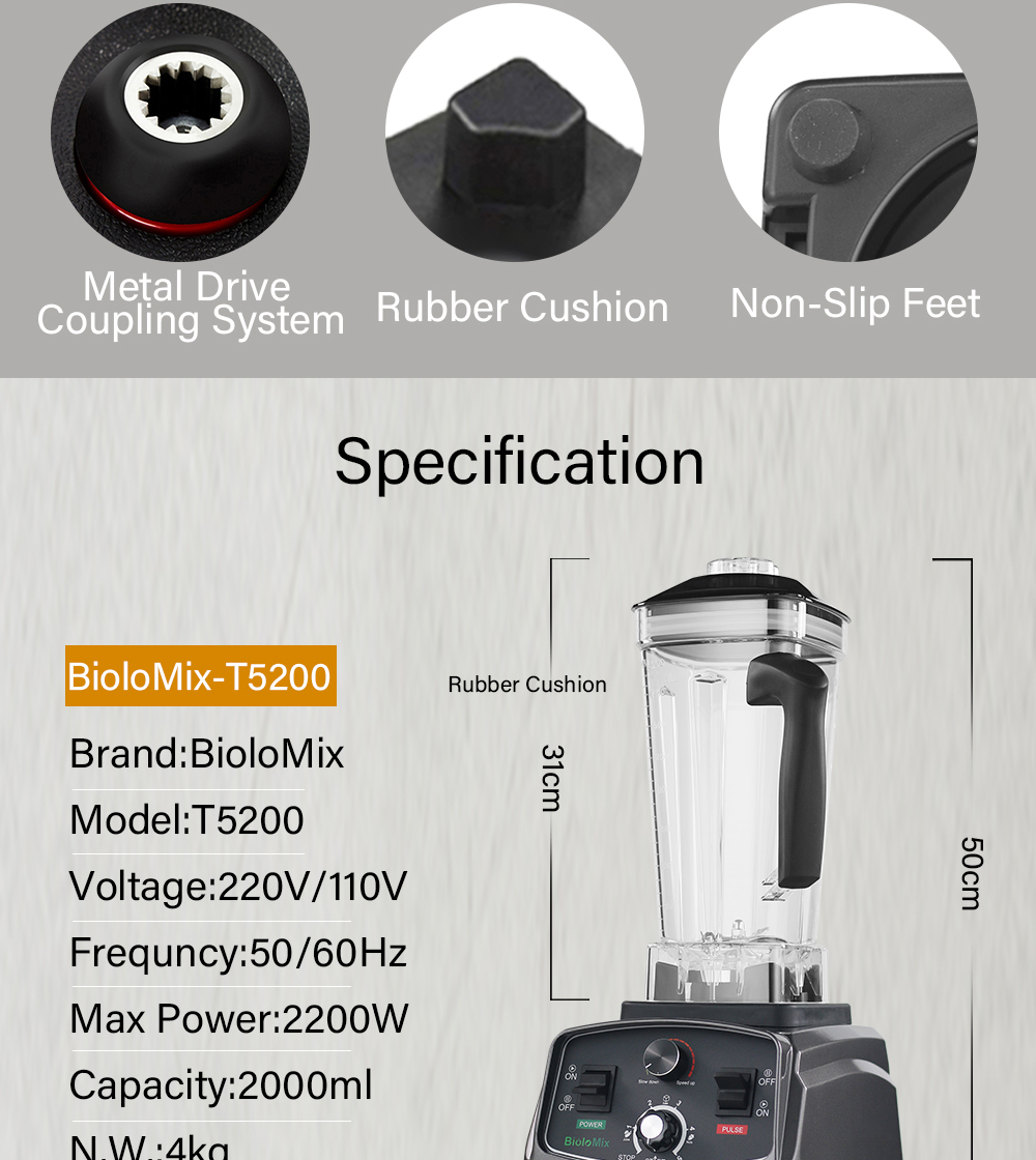 BioloMix Blender Pro 2200W – Le Monster Mix Pour Smoothies & Fruits, Timer Intégré, Noir