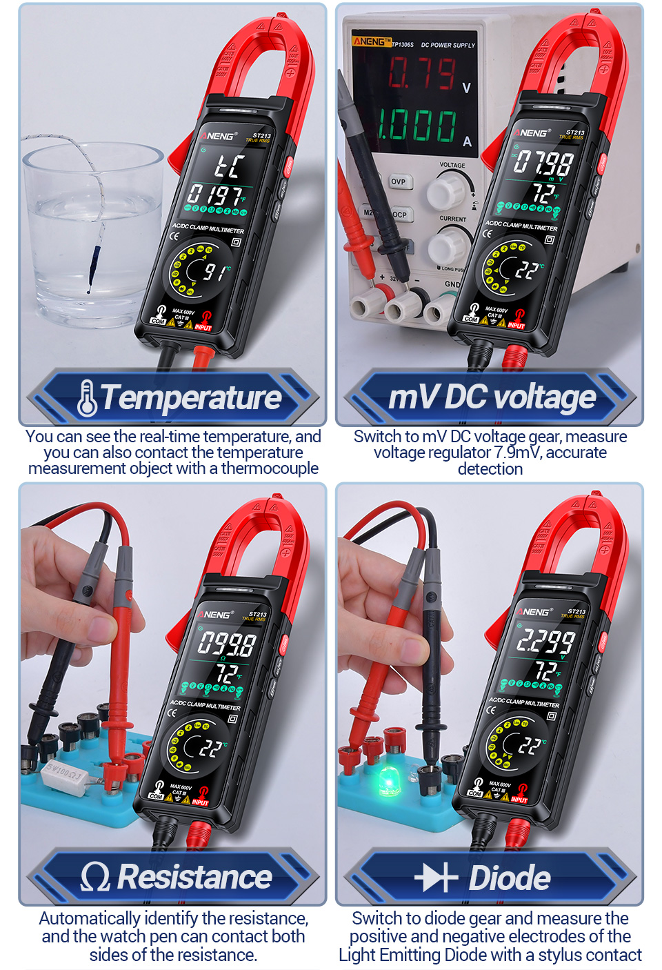 ANENG ST213 Clamp Meter VA Reverse Color Display Screen Multimeter CAT ...