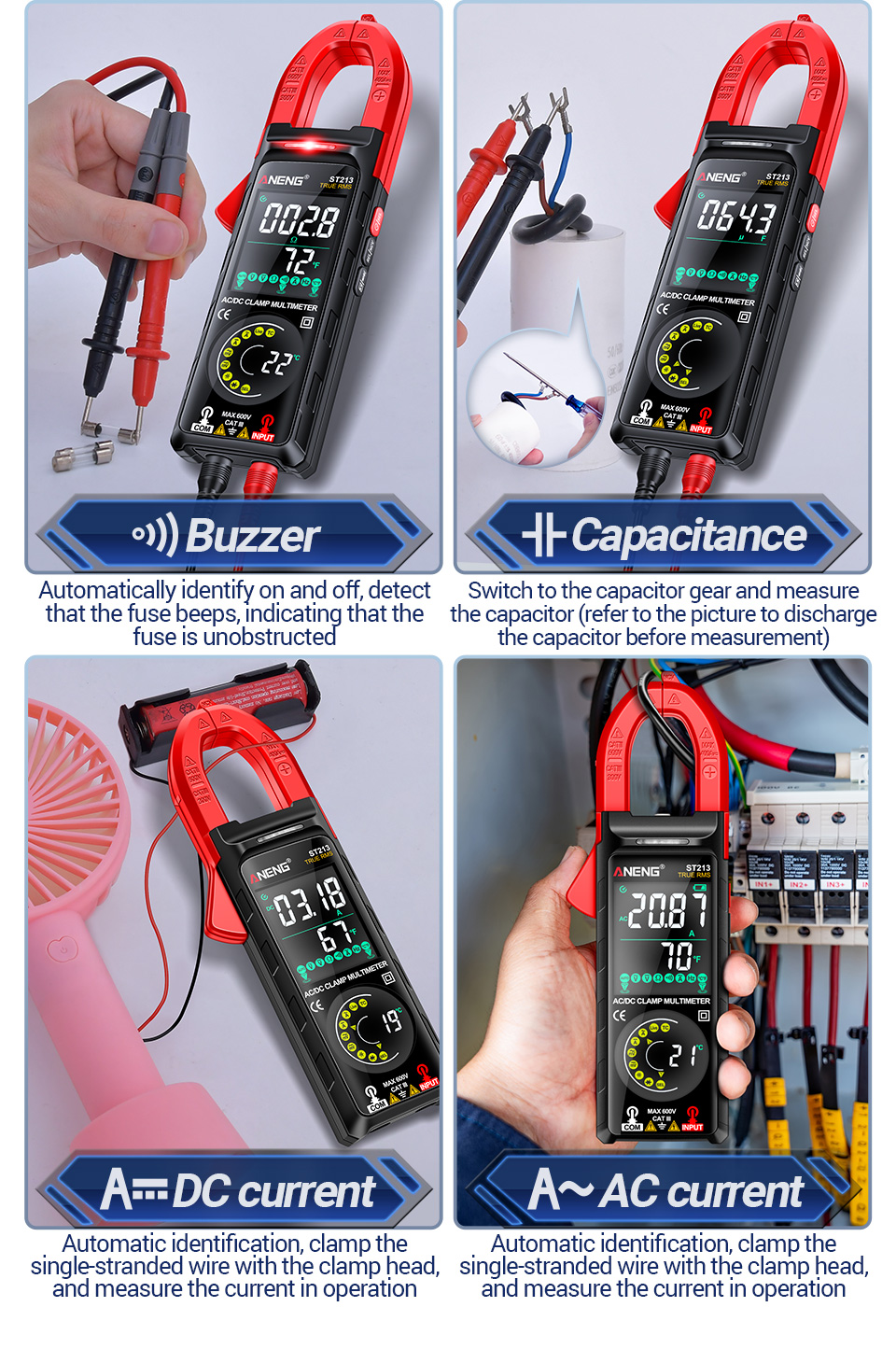 ANENG ST213 Clamp Meter VA Reverse Color Display Screen Multimeter CAT ...