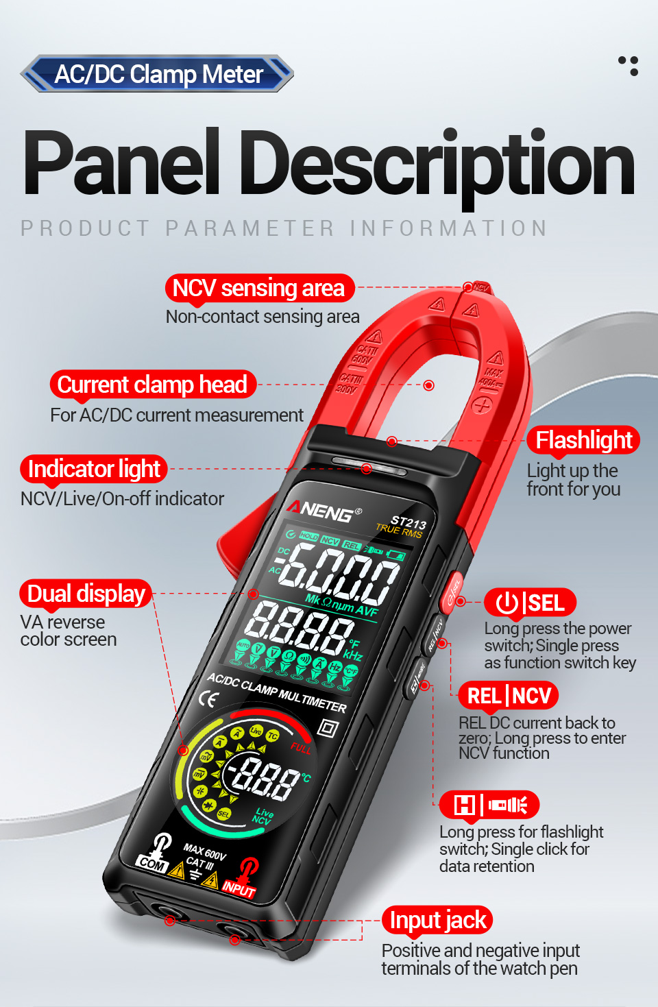 ANENG ST213 Clamp Meter VA Reverse Color Display Screen Multimeter CAT ...