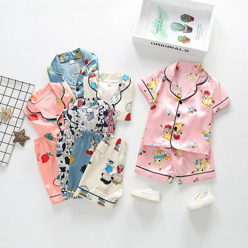 2024 Summer Baby Boys Girls Ice Silk Pajamas Set Kids Silk Satin ...