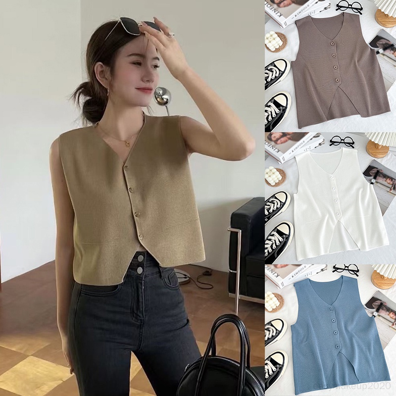 Awesome21 Women's Ribbed Sleeveless Crop Top - V Neck Collar Casual Shirt - View #6