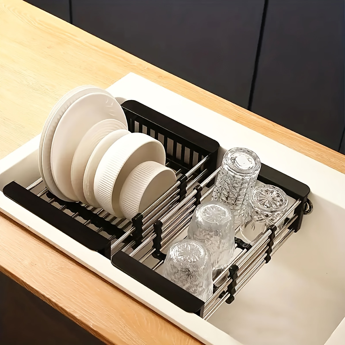1 Pcs Kitchen Sink Retractable Drain Basket, Dish Rack, Rectangular ...