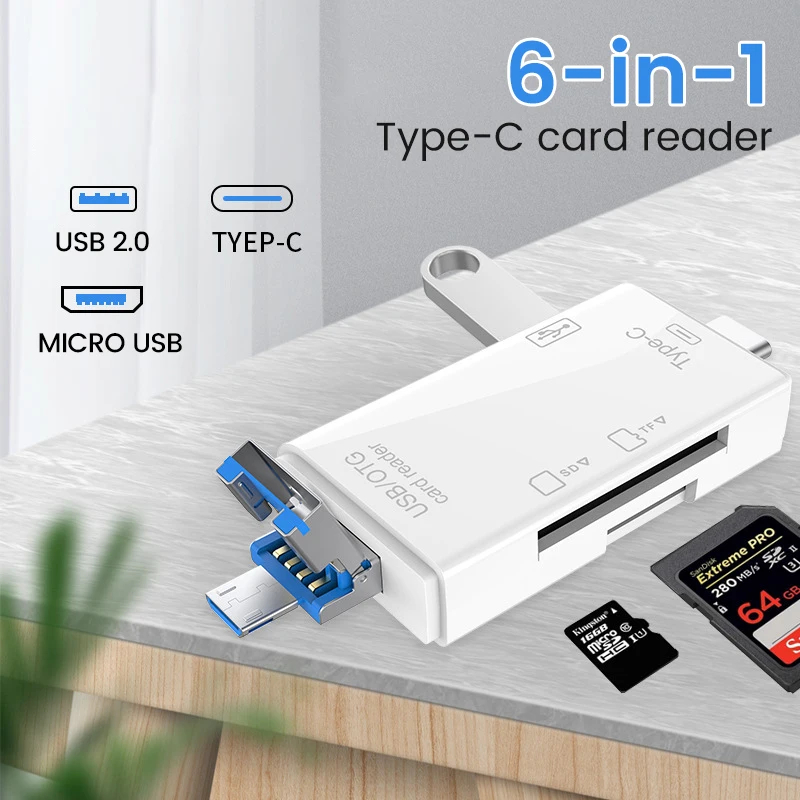 6 in 1 Otg Type C Card Reader Usb 2.0 TF Mirco SD Smart Memory Flash ...