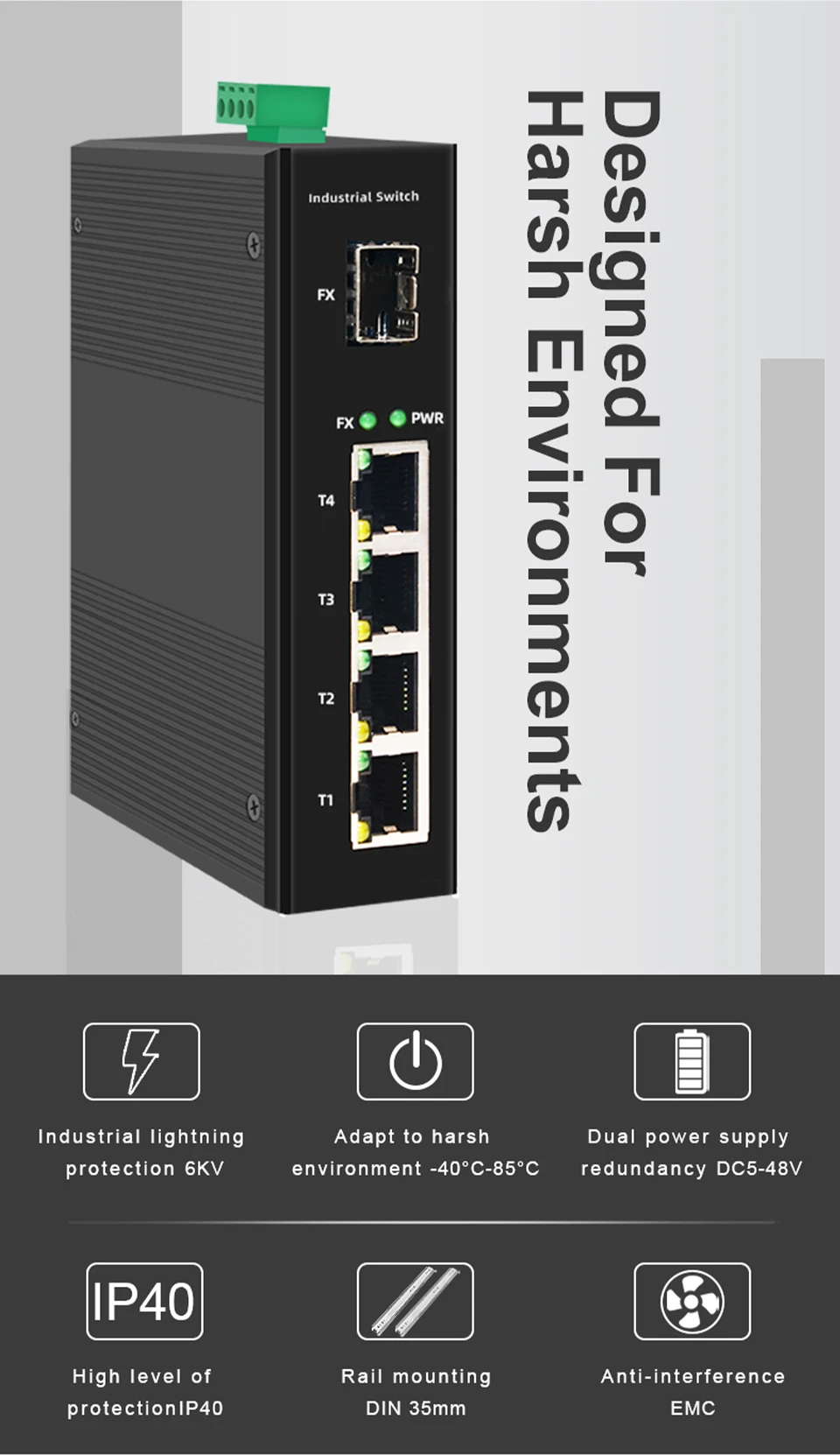 JT-COM Gigabit 4 port Ruggedized Switch Industrial 2 SFP And 4 RJ45 DiN ...