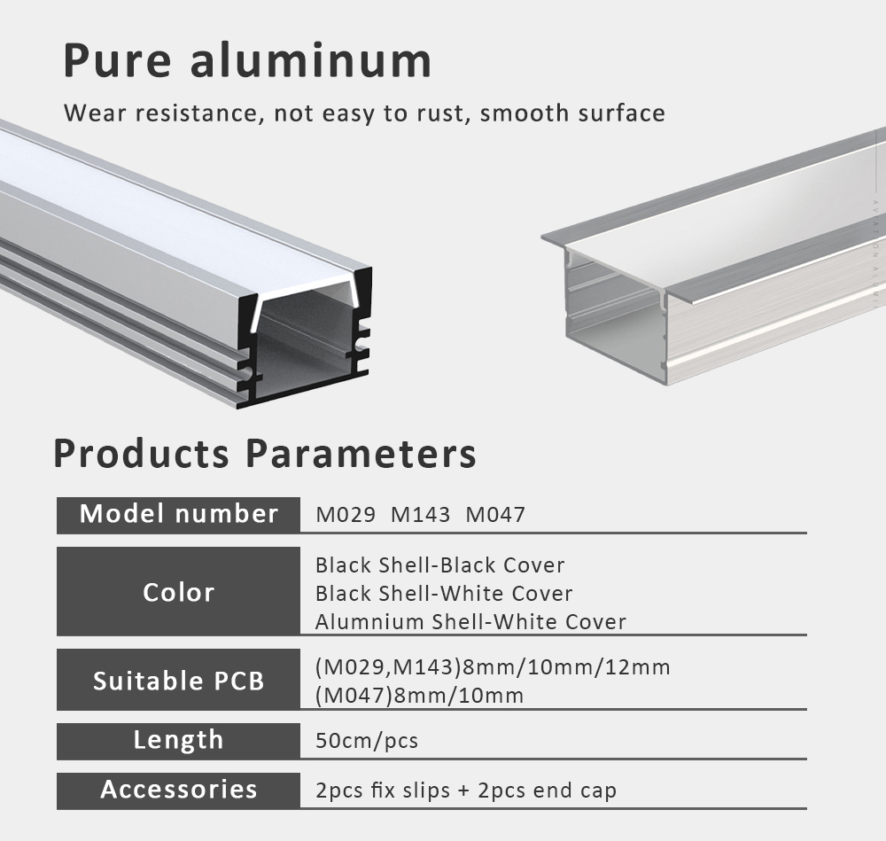 50CM LED Strip Light Aluminium Profile Channel Silvery Black Diffuser ...