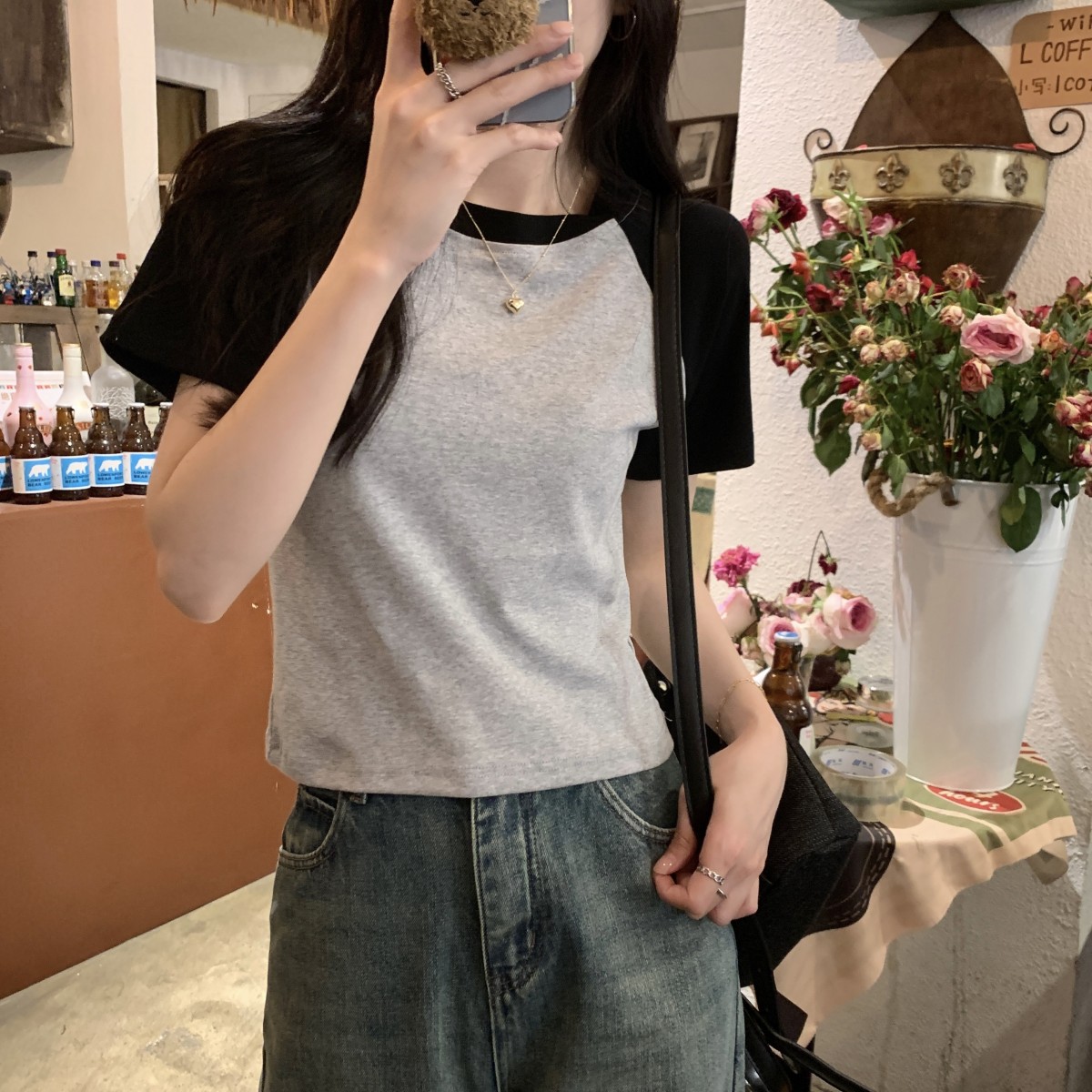 71590 Pure Cotton Contrast Color Raglan Sleeve Short Sleeve T-Shirt ...