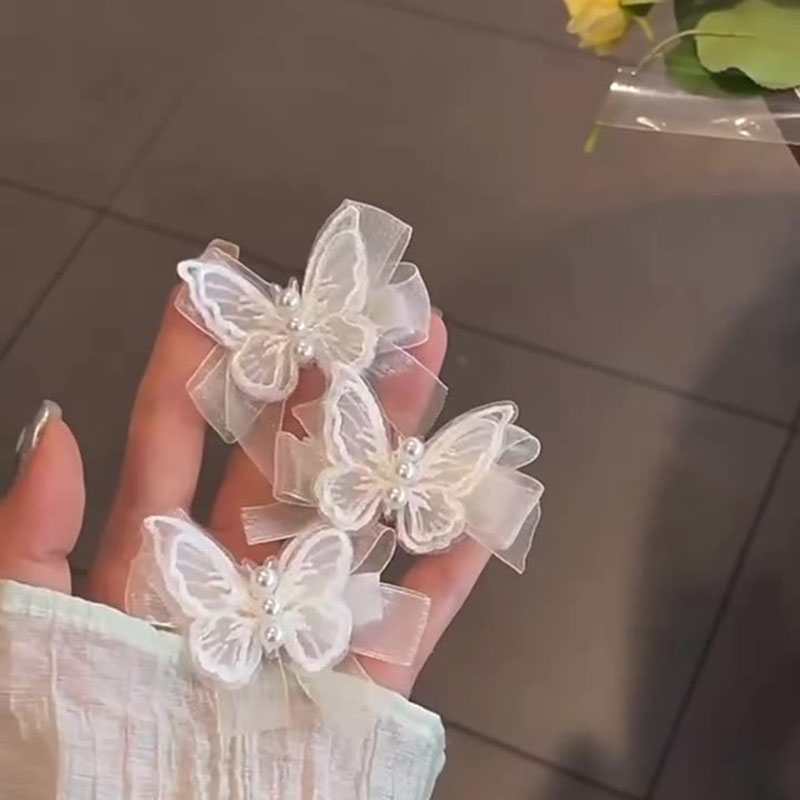 Fairy White Lace Butterfly Hair Clip Female MultiLayer Gauze Pearl Bow