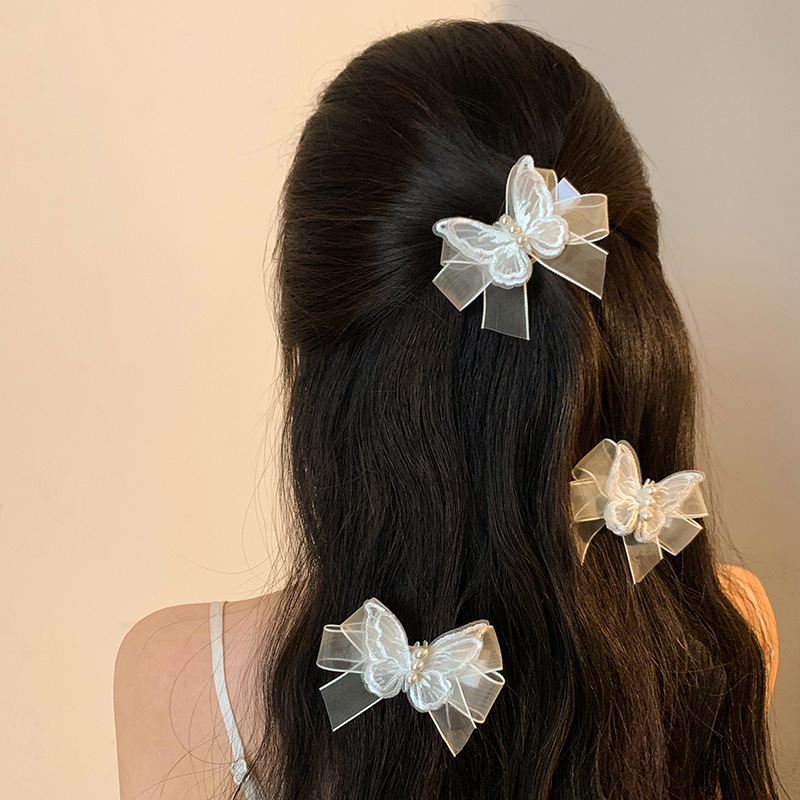Fairy White Lace Butterfly Hair Clip Female MultiLayer Gauze Pearl Bow