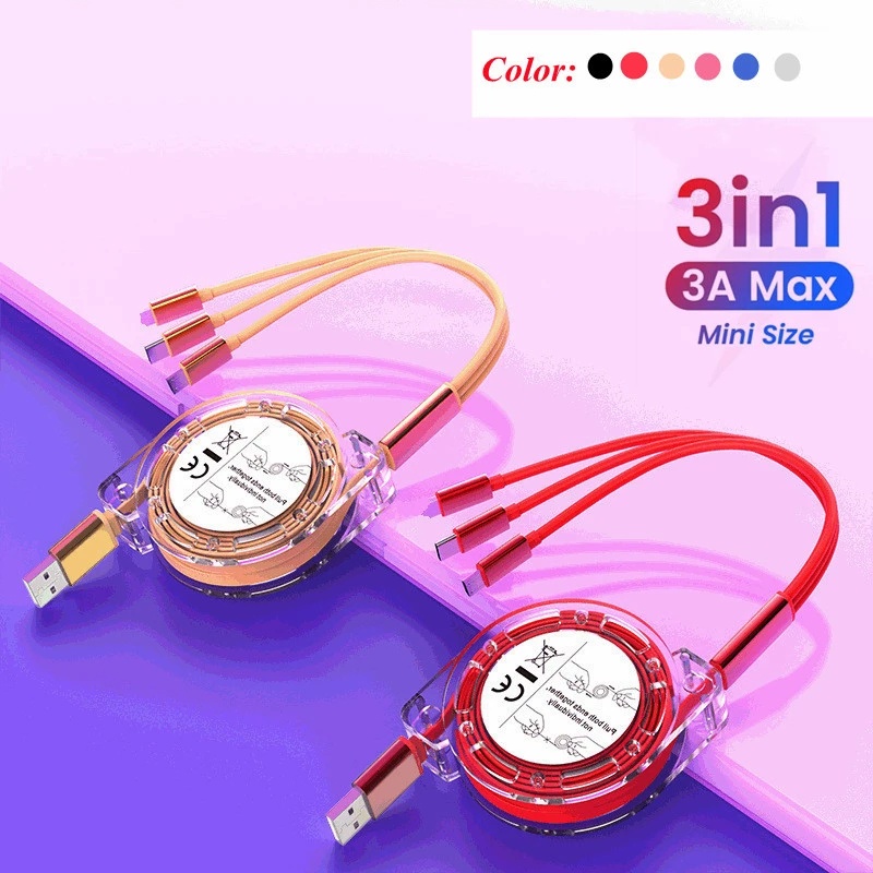 Universal 5-Color Three-In-One Charging Retractable Cable USB Type C ...