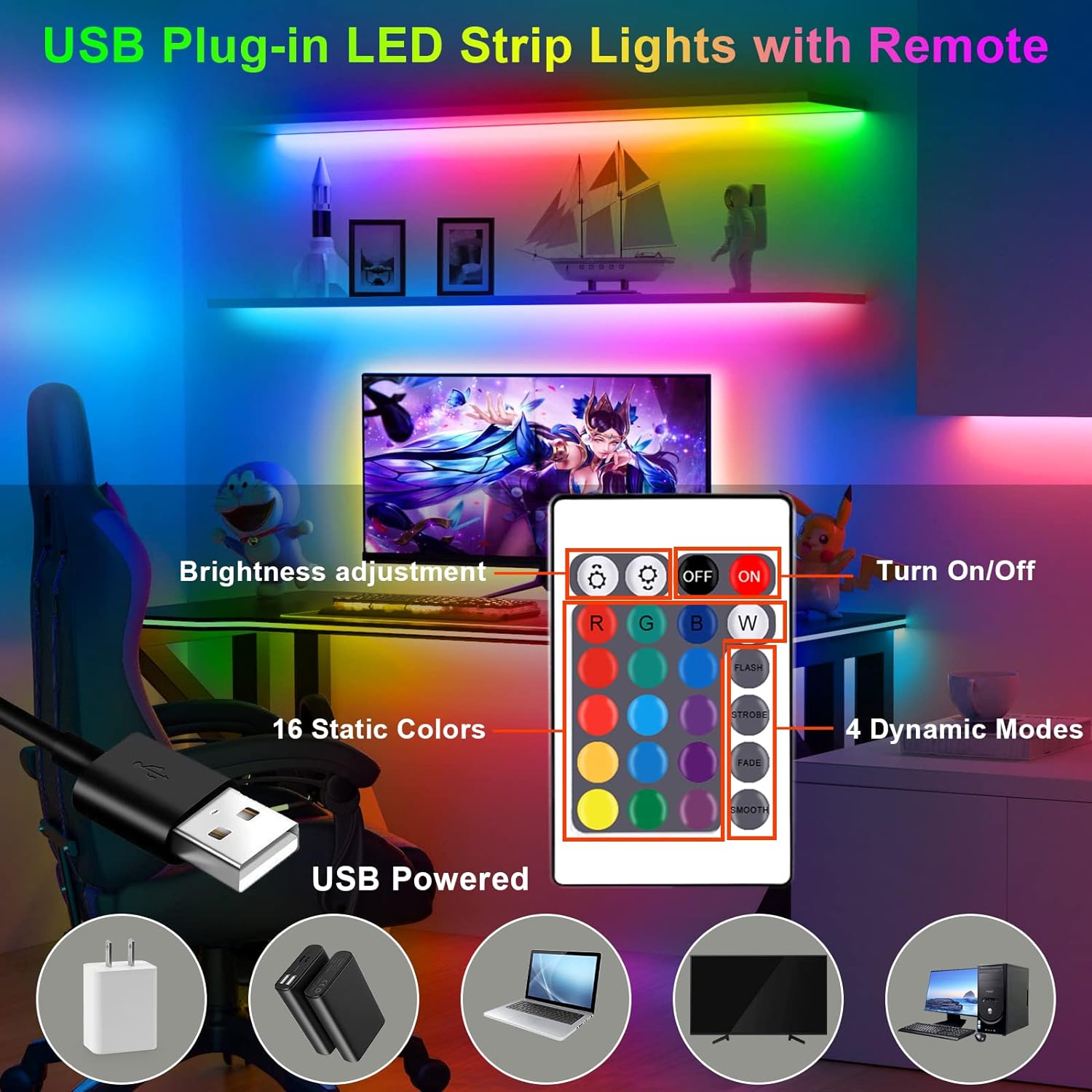 Led Light Bar, Waterproof Flexible, 5V 5050-RGB-24 Buttons, Lighting ...