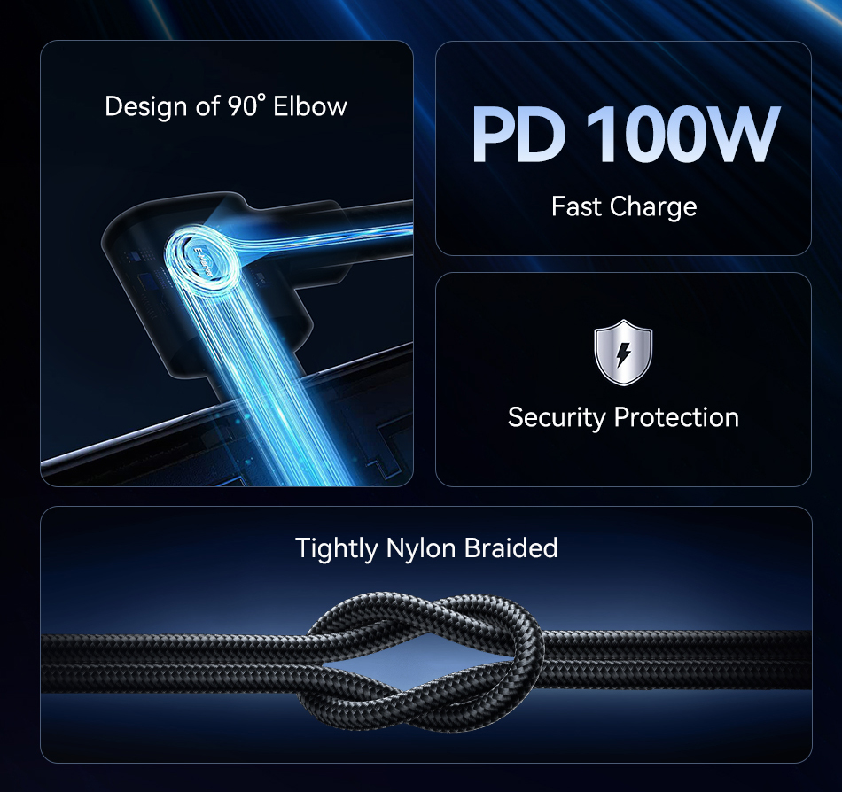Rocoren 60W/100W Fast Charging Data Cable 90 Degree Elbow USB C To Type ...