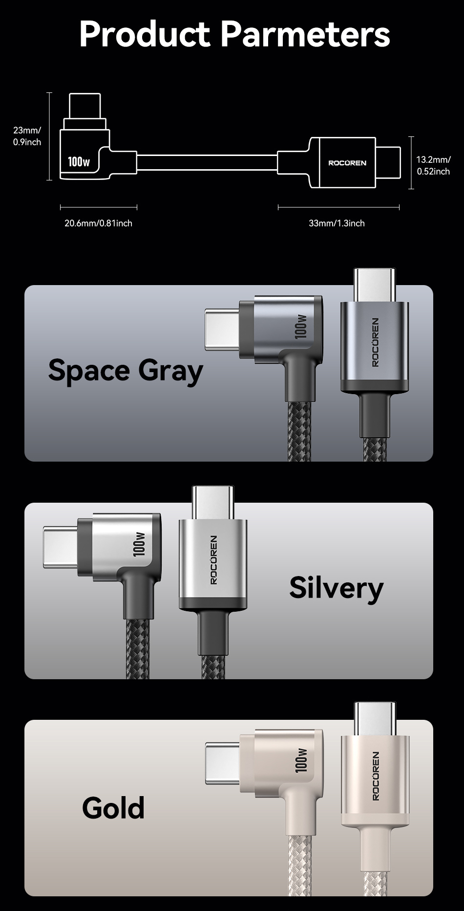 Rocoren 60W/100W Fast Charging Data Cable 90 Degree Elbow USB C To Type ...