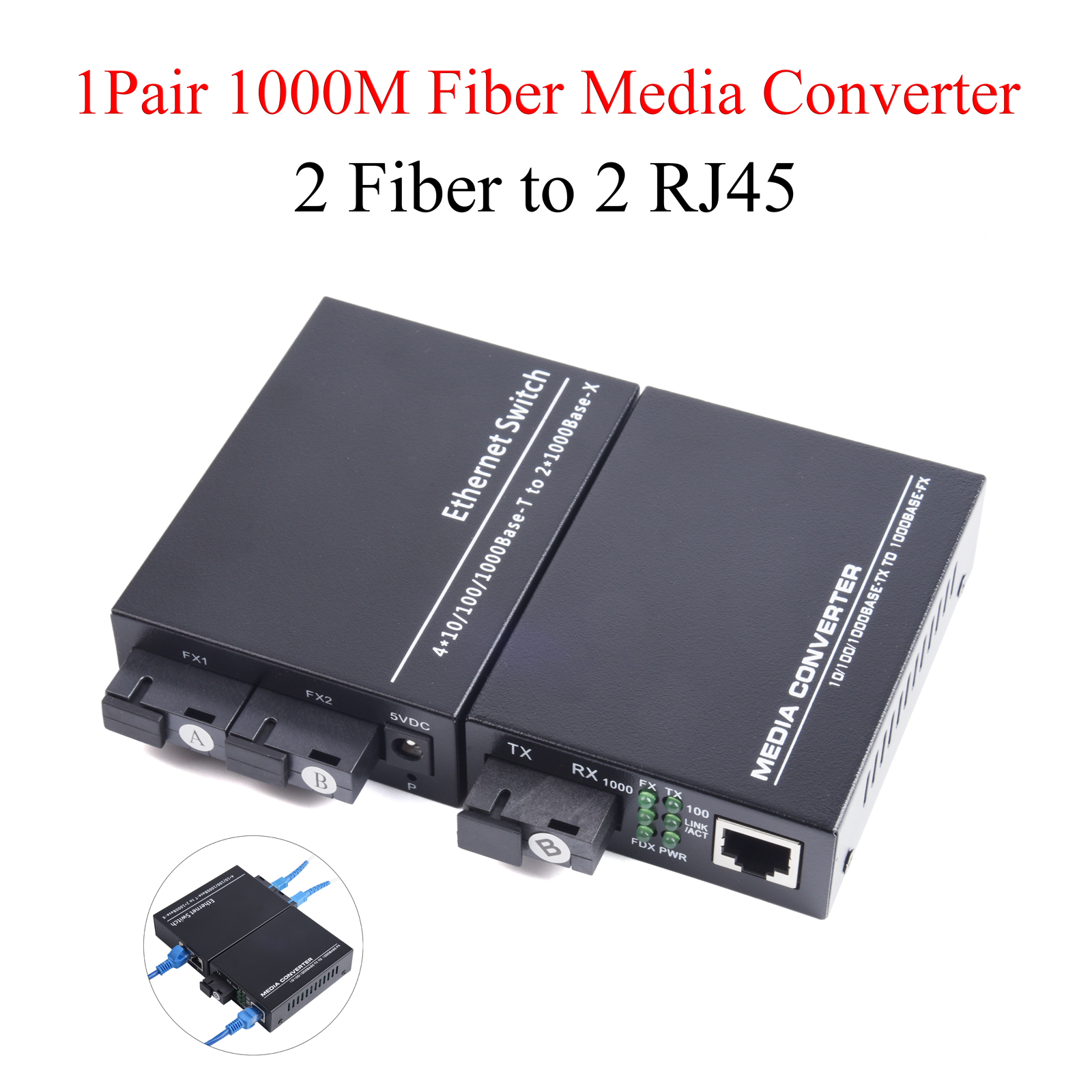 Pair Gigabit Fiber Optical Media Converter 10/100/1000Mbps Single Mode  Fiber to RJ45 UPC/APC SC-Port US Power With Fiber Optic Cable