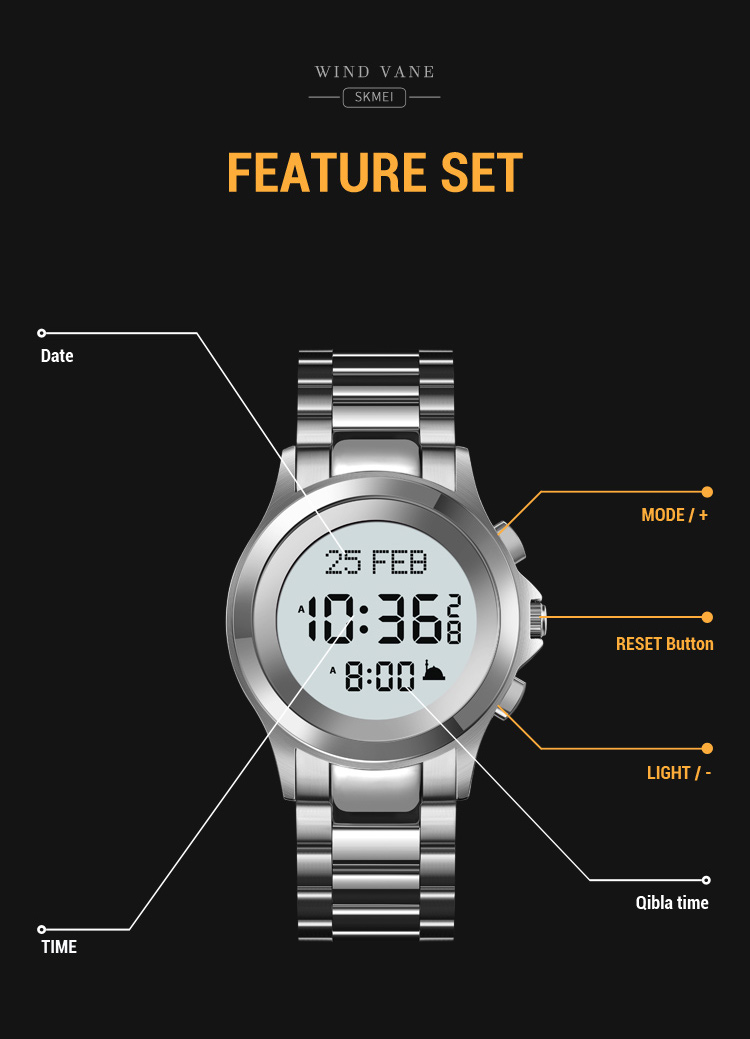 SKMEI 2270 Men Muslim Compass Qibla Watch 30M Waterproof Pilgrimage ...