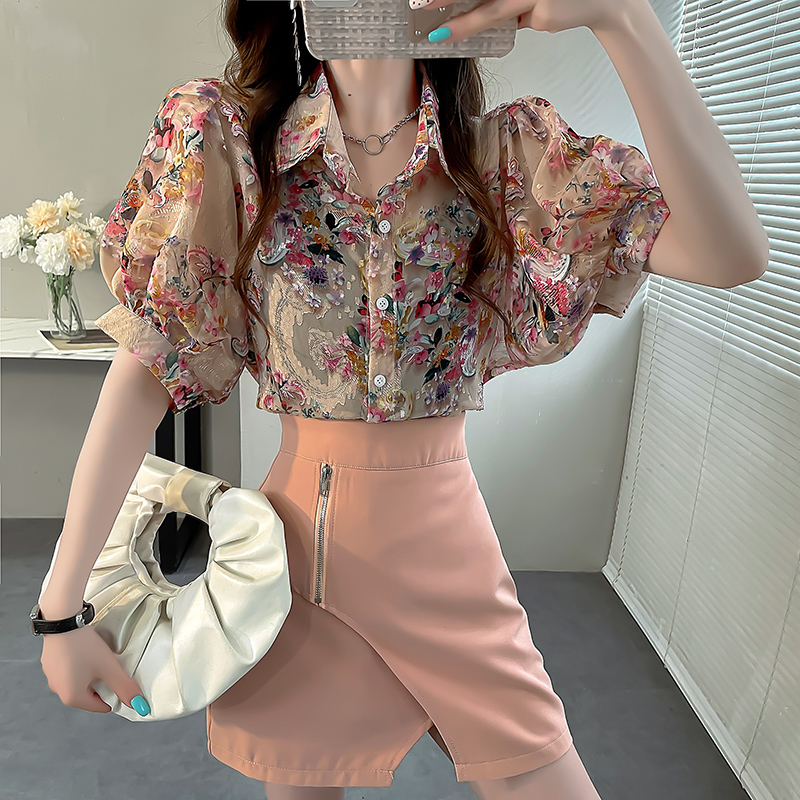 Women's New Flower Print ShortSleeved Chiffon Shirt Summer Casual