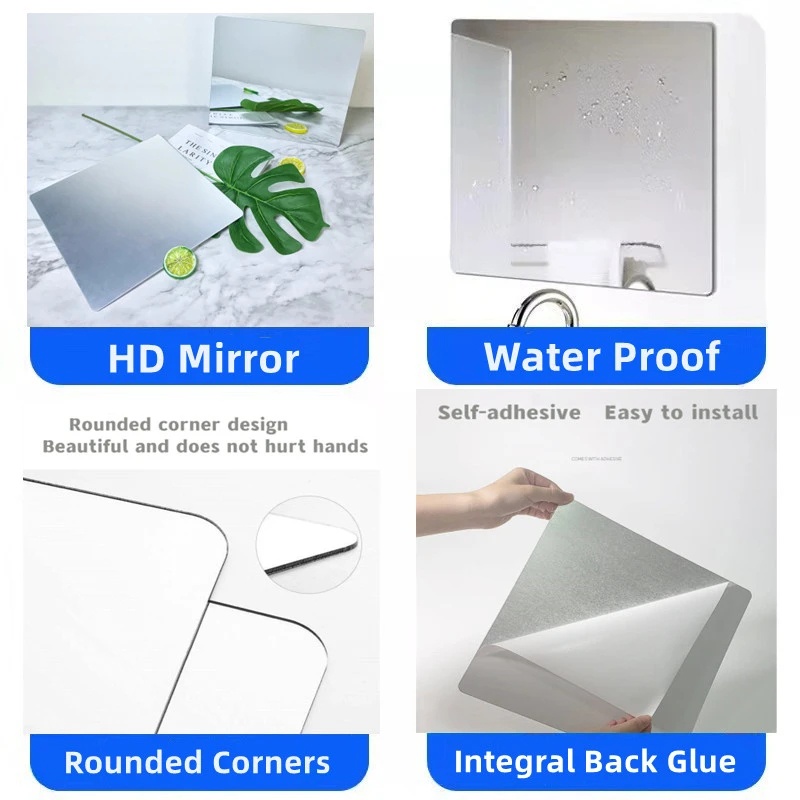 4Pcs Square Wall Mirror Bedroom Living Room HD Mirror Sticker Self ...