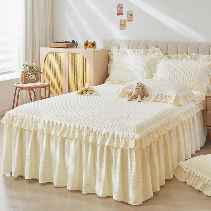 1Pc Plain Bed Skirt With Lace Single Queen King Size Bedsheet Quilted Wheat  Ear Pattern INS Style Bed Sheet Bed Skirts