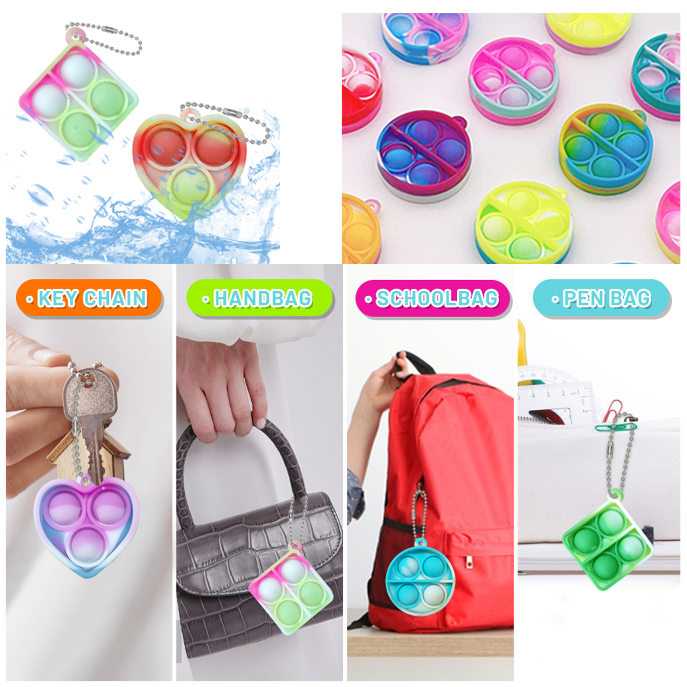 30PCS Mixed-Color Pop Fidget Mini Stress Relief Keychain, Square, Heart ...