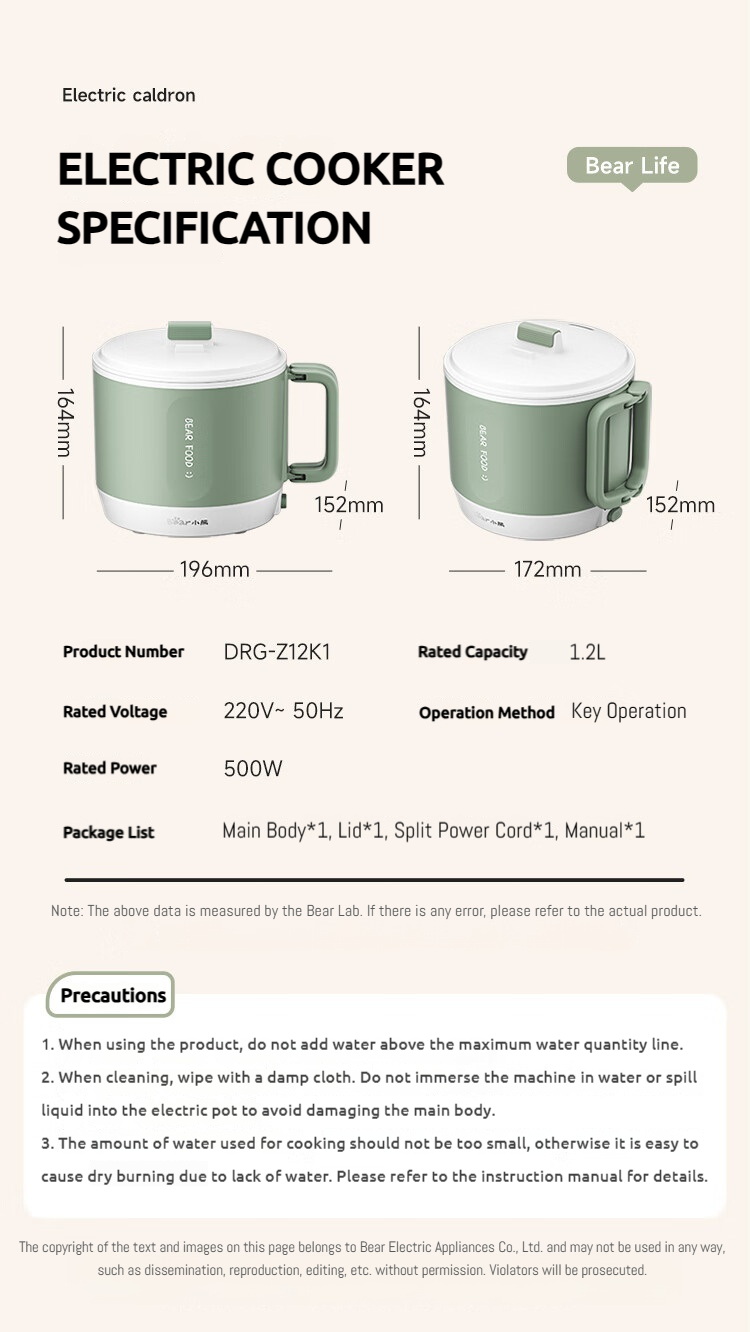 Bear Mini Rice Cooker Portable Electric Cooking Pot Multifunctional ...