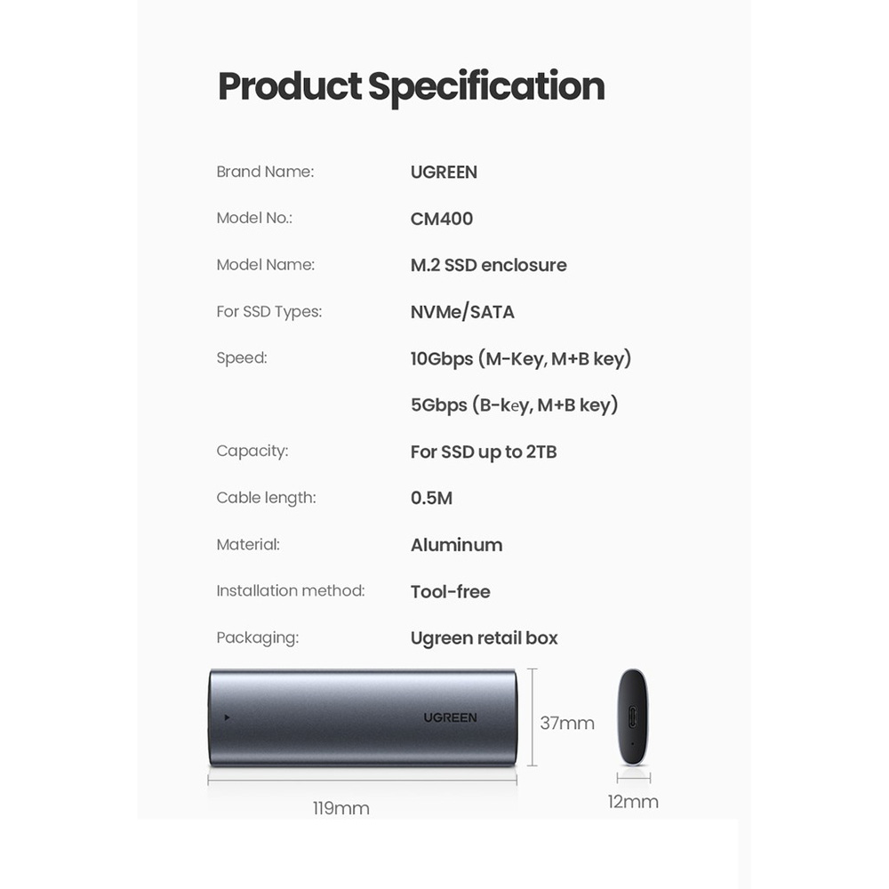 UGREEN SSD Case 10Gbps NVMe M.2 SSD Case For PCIe SATA To USB SSD Case ...