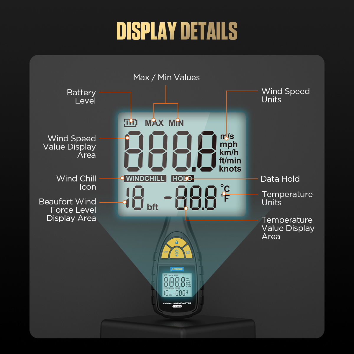AUTOOL TR401 Digital Anemometer Handheld Air Flow Meter Wind Speed ...