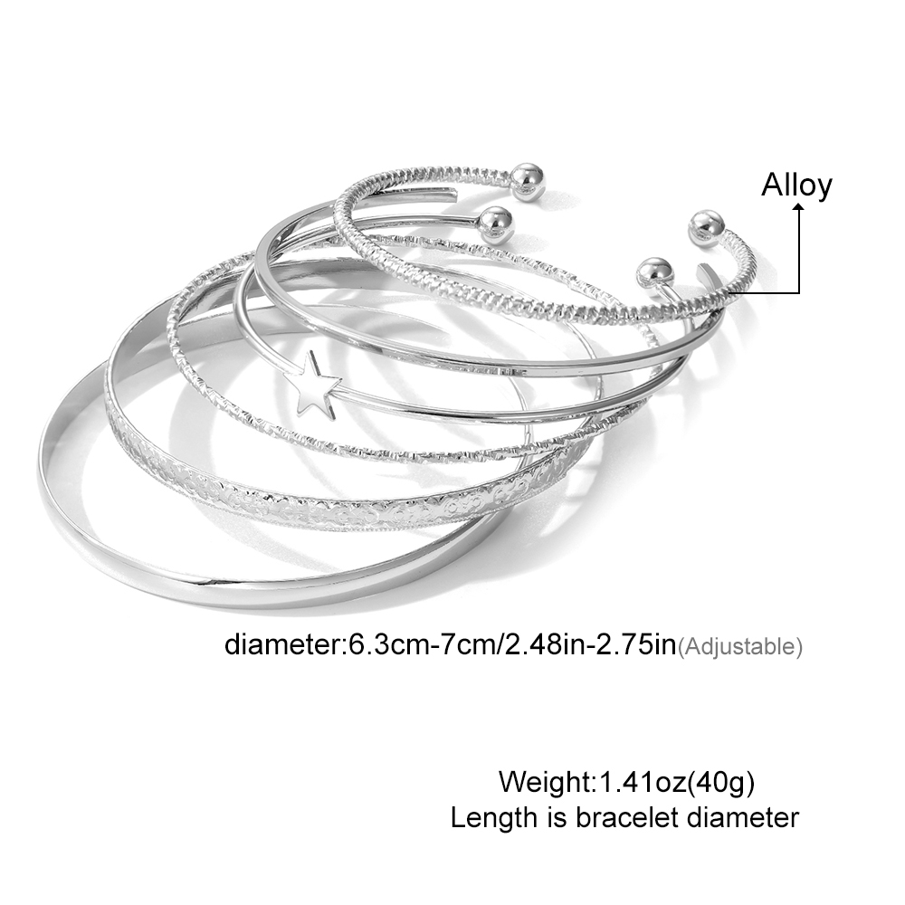 6-Piece Retro Minimalist Silver Bangle Set - Adjustable Star Open ...