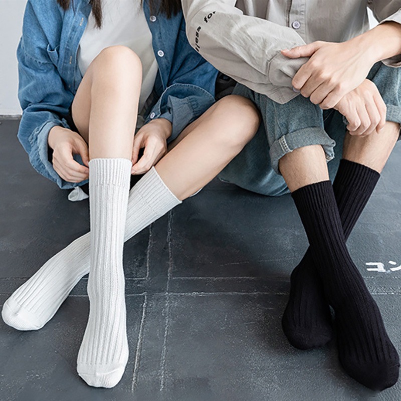 Classic solid color mid-rise socks for men and women four-season sports ...