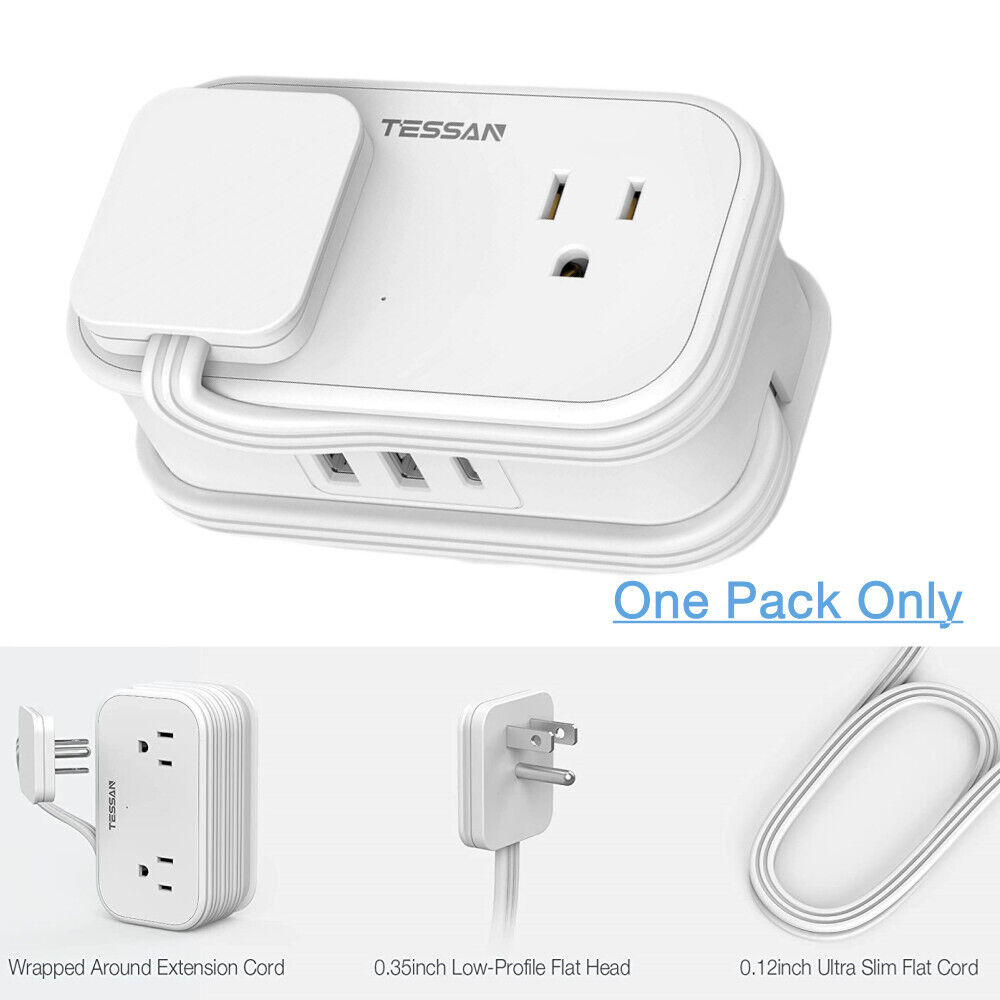 TESSAN Travel Power Strip with USB C Ports, Flat Plug Small Extension Cord，Cruise Ship