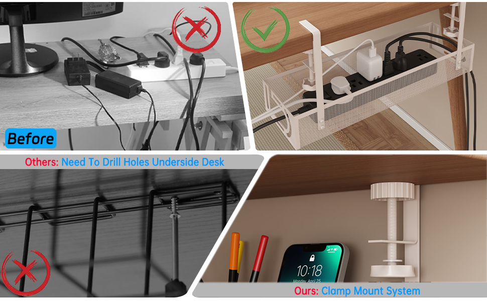 No-Drill Under Desk Cable Management Tray, Carbon Steel Cable Organizer ...